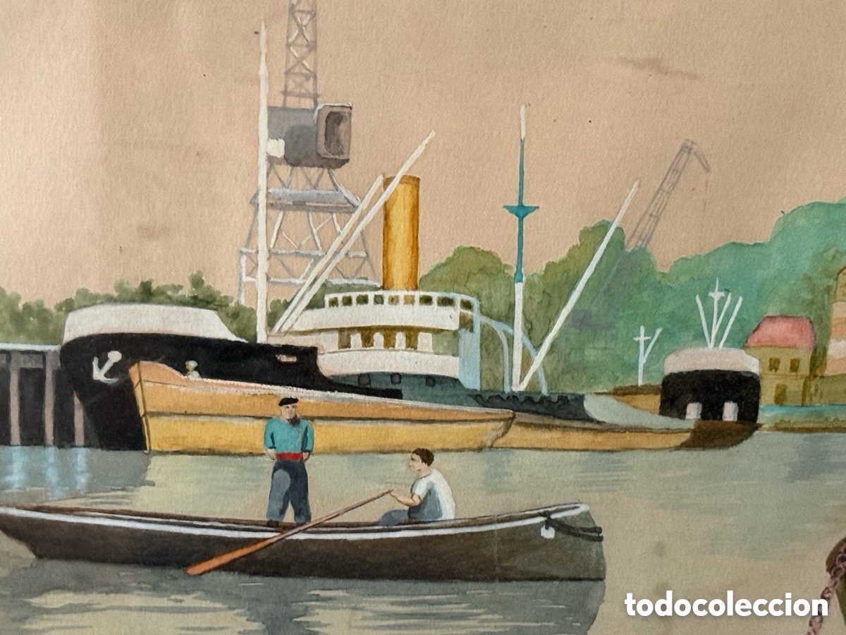 Art: A.IBA&Ntilde;EZ. ( 1957). ACUARELA. Puerto del Norte de Espa&ntilde;a. Escuela Vasca