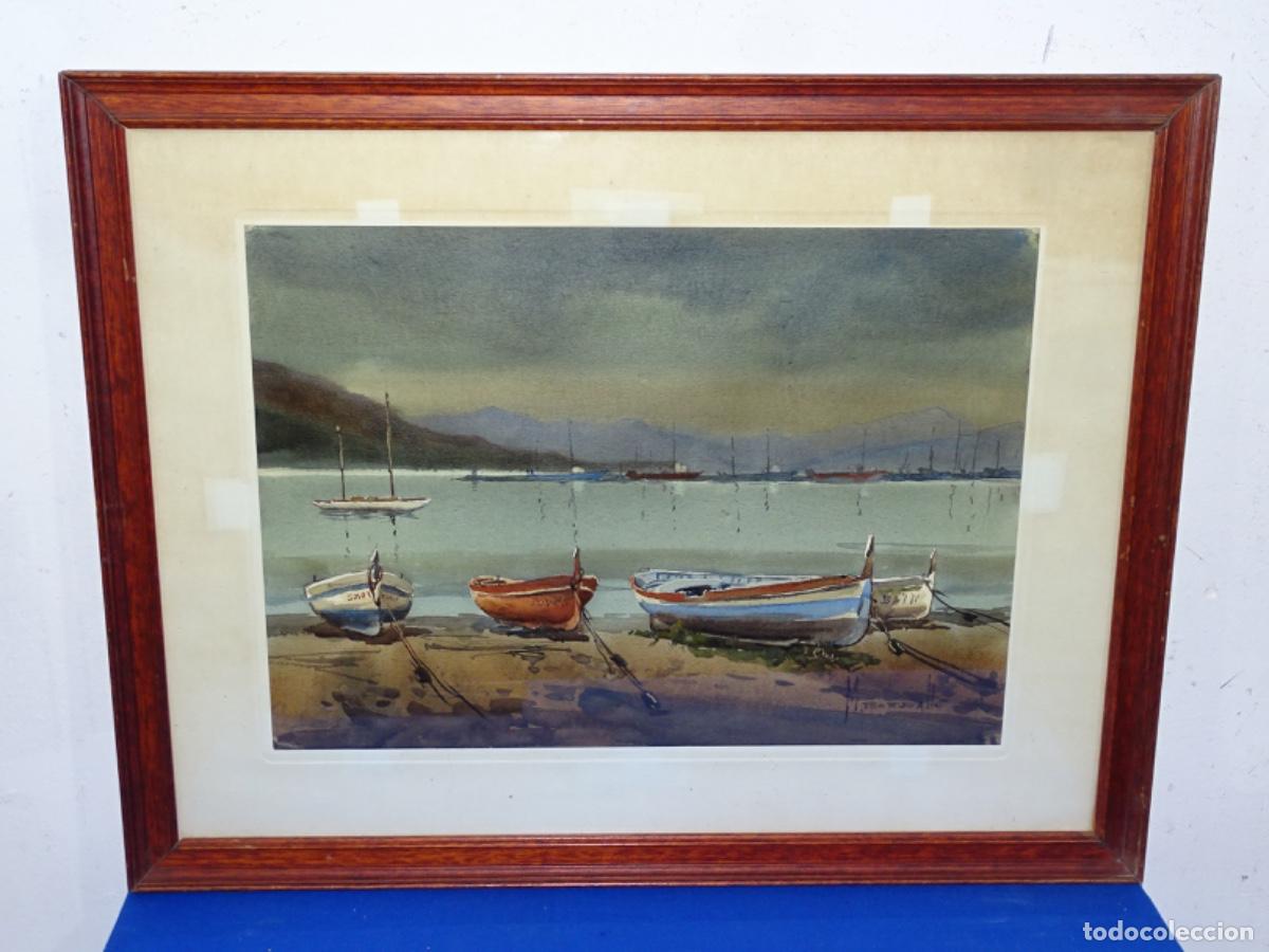 Art: ACUARELA MANUEL BORDALLO I SOLER. BARCAS EN LA PLAYA.