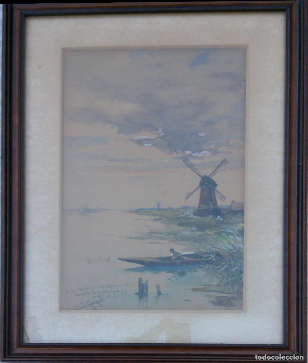 Kunst: JOSEP MARIA MARQU&Eacute;S I GARC&Iacute;A - PAISAJE FLUVIAL CON MOLINOS-