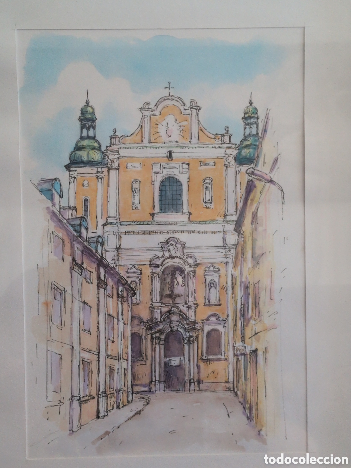 Kunst: Acuarela Original de la Iglesia Barroca &rdquo;Fara&rdquo; de Poznań (Polonia) &ndash; Enmarcada y Firmada.