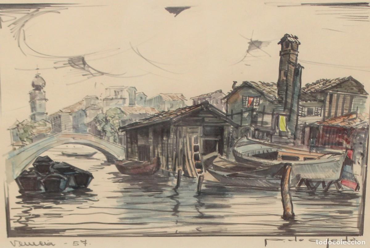 Arte: AURELIO PEL&Aacute;EZ DE OJEDA (1900 - 1967) ACUARELA PALE TITULADO VIEJO CANAL DE VENECIA. A&Ntilde;O 1957