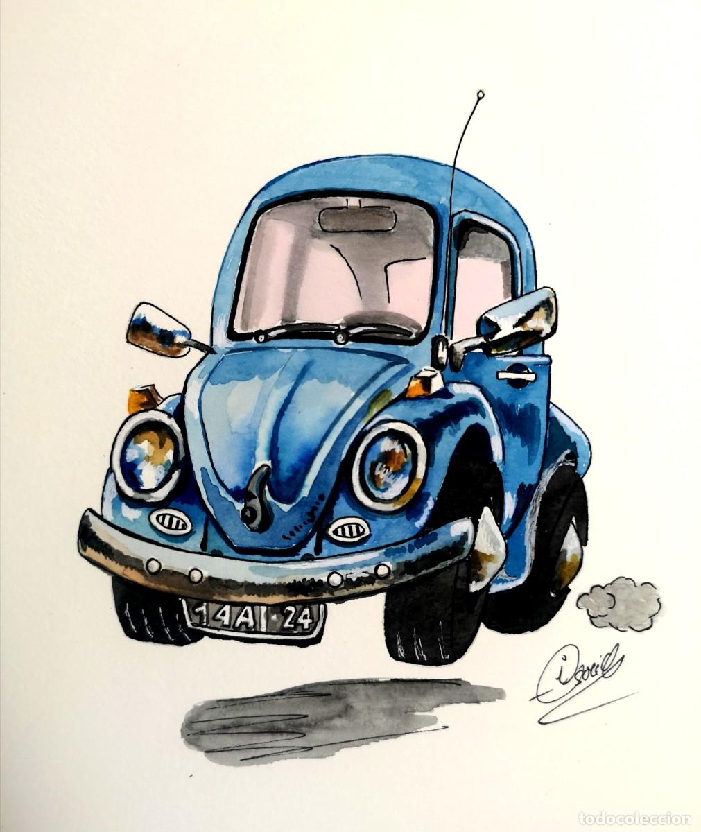 Arte: Coche azul-Acuarela pintada por Inma Escrich