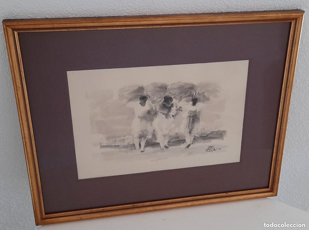 Arte: Acuarela aguada original Espigadoras firmada Francisco Paco Puertas obra Exposici&oacute;n Sala Verona 1976