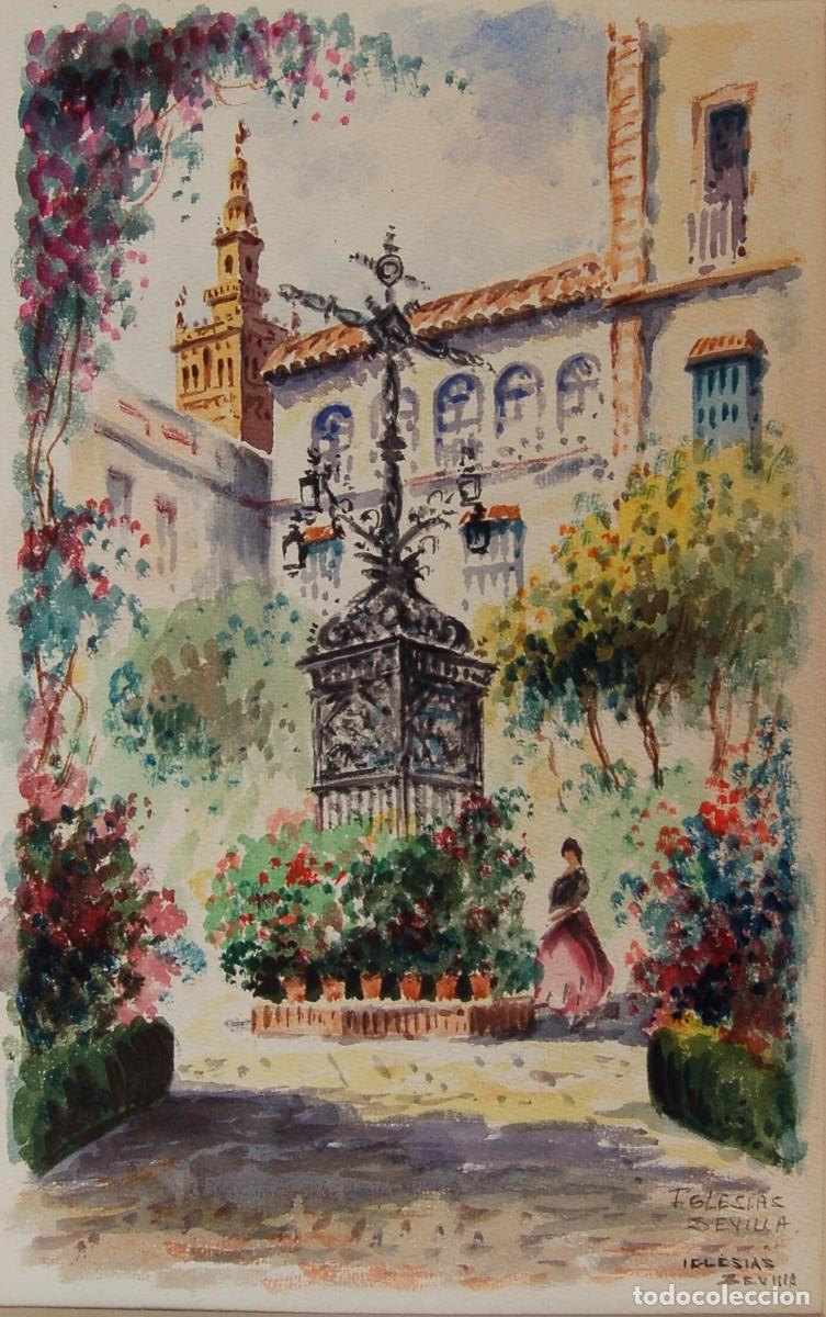 Arte: Acuarela s. XX. Visi&oacute;n de Sevilla. Autor: Iglesias. 30 cm x 20 cm.