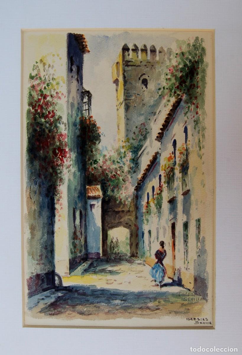 Arte: Acuarela s. XX. Visi&oacute;n de Sevilla. Callej&oacute;n del agua. Autor: Iglesias. 30 cm x 20 cm.