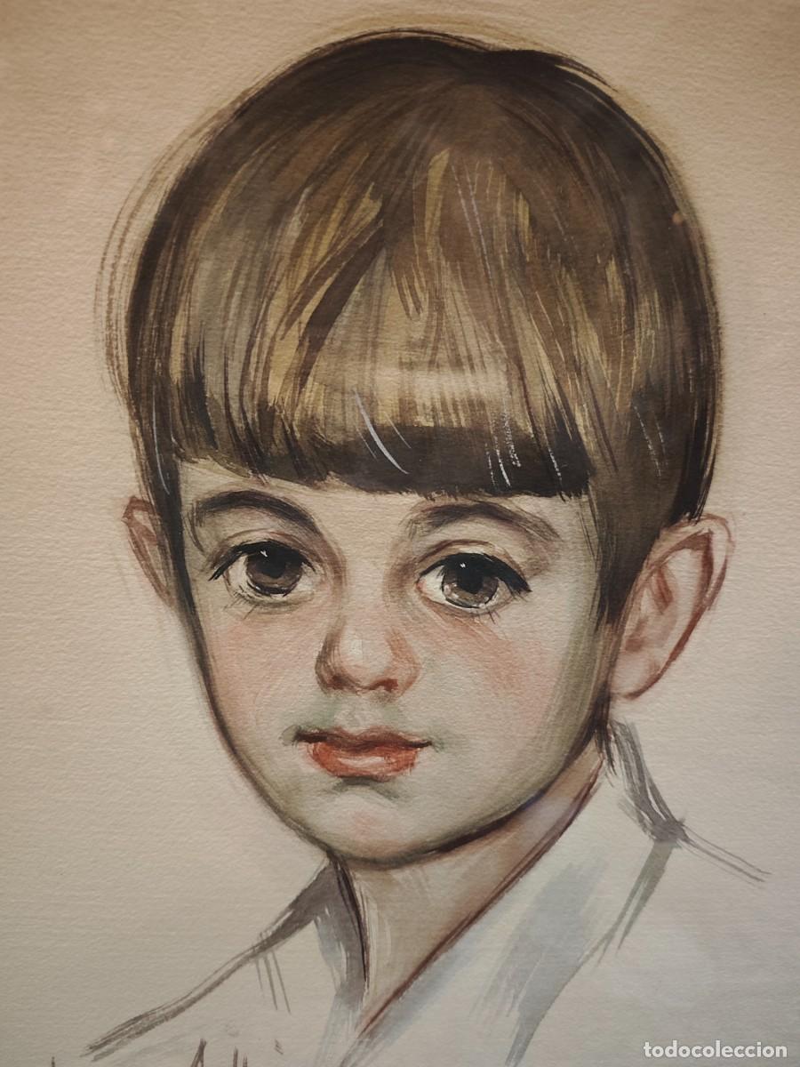 Arte: Retrato Original de Ni&ntilde;o (1953) &ndash; Felipe-Luis Vallejo. T&eacute;cnica Mixta Firmada.