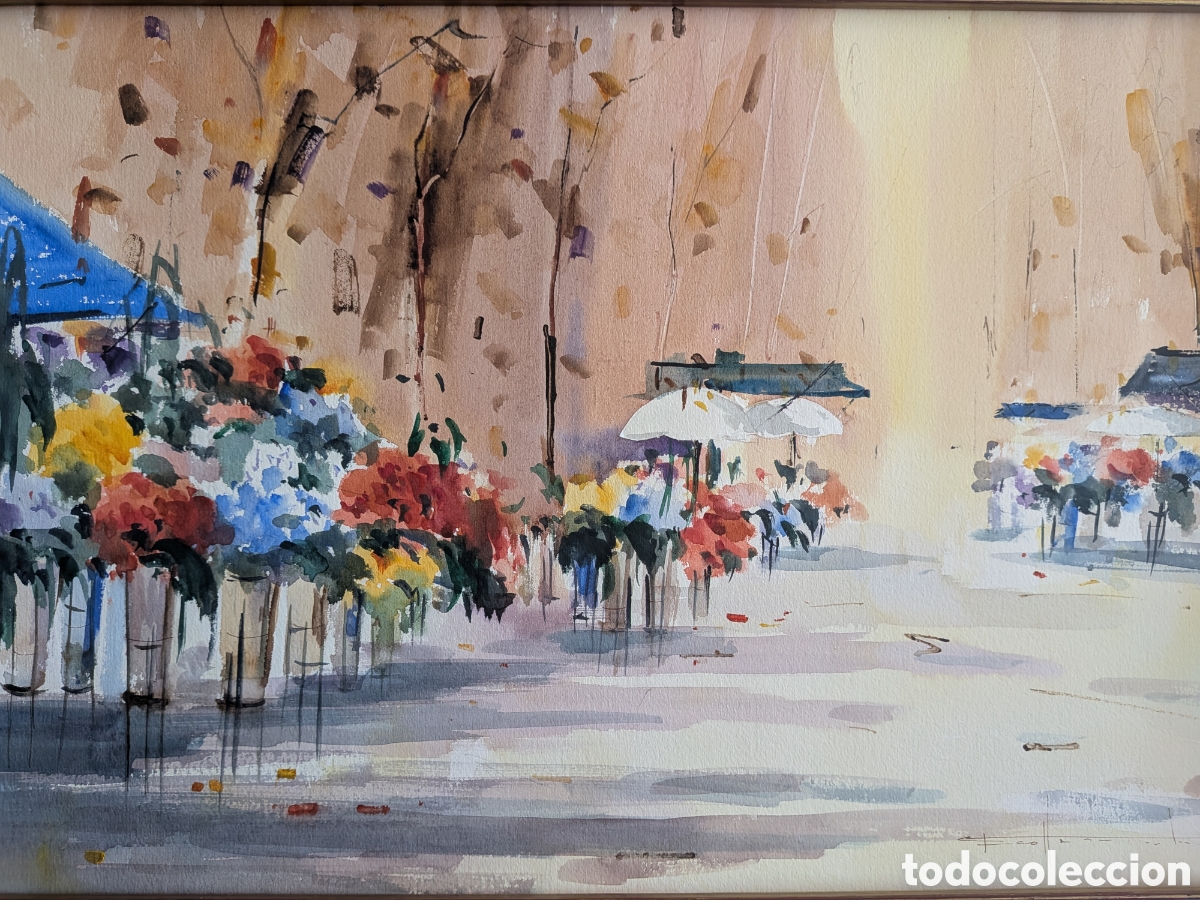Arte: Acuarela Impresionista Original - Escena de Mercado de Flores Firmada