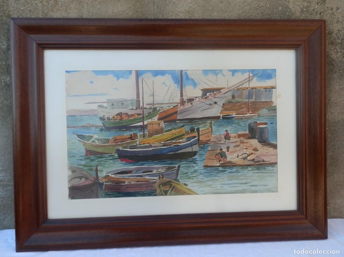 Arte: Acuarela marina enmarcada, escena portuaria con barcos de pesca tradicionales atracados.