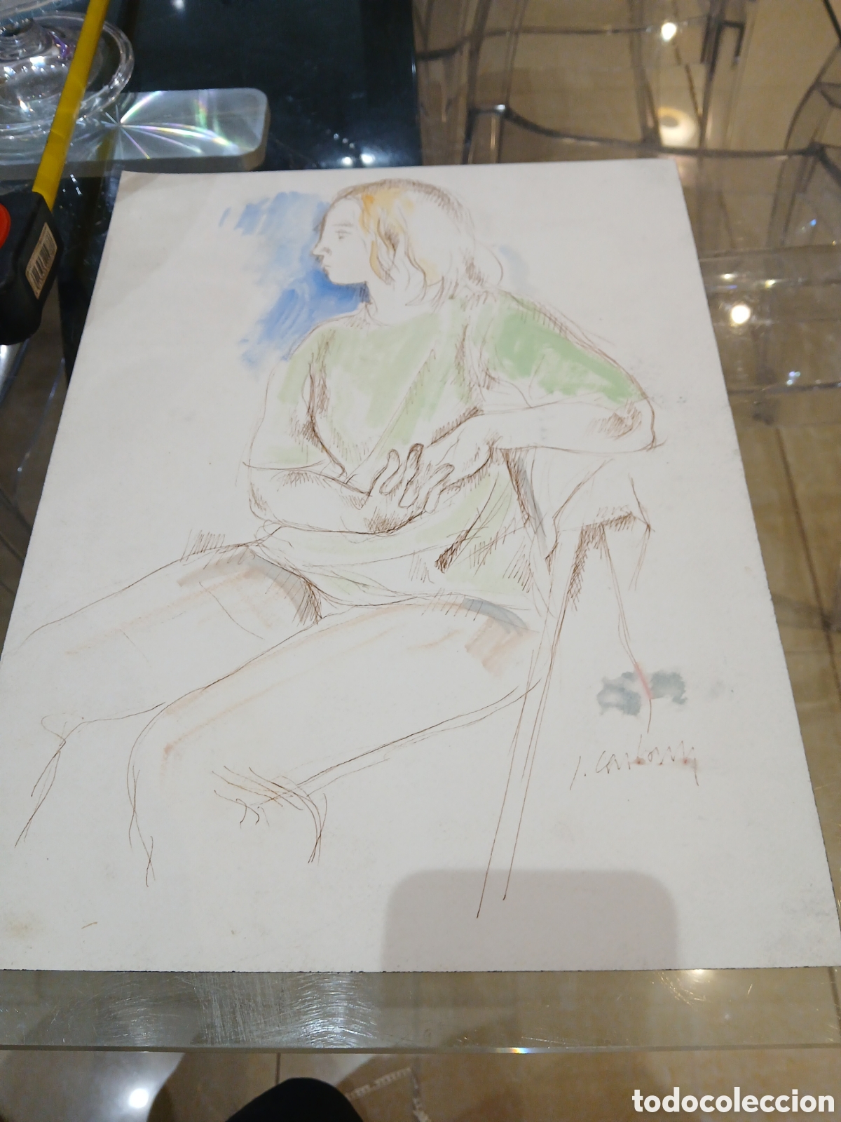 Arte: Dibujo acurela firmado carbonell