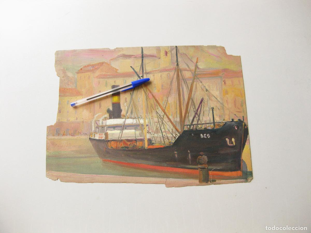Arte: ANTIGUO DIBUJO ORIGINAL EN AL OLEO DE UN BARCO DE PESCA ESPA&Ntilde;OL EN EL PUERTO. NORTE DE ESPA&Ntilde;A