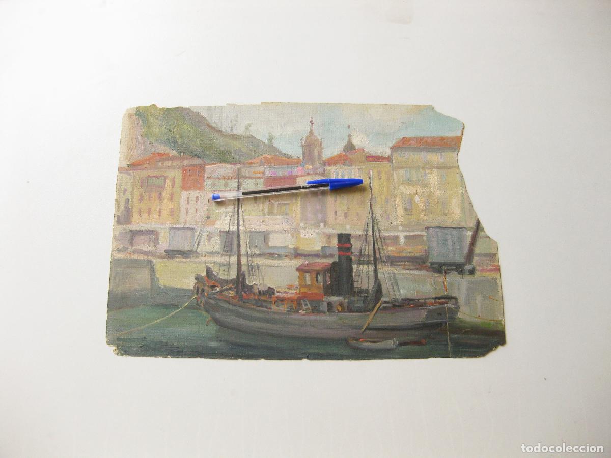 Arte: ANTIGUO DIBUJO ORIGINAL EN AL OLEO DE UN BARCO DE PESCA ESPA&Ntilde;OL EN EL PUERTO. NORTE DE ESPA&Ntilde;A