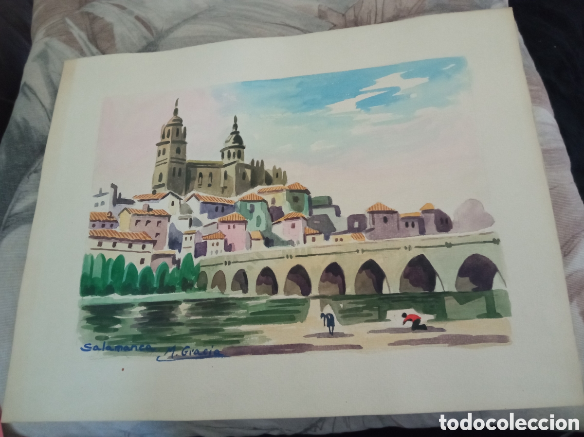 Arte: Antigua acuarela, Salamanca, por M. GRACIA, mide 31,7x24,8 cm