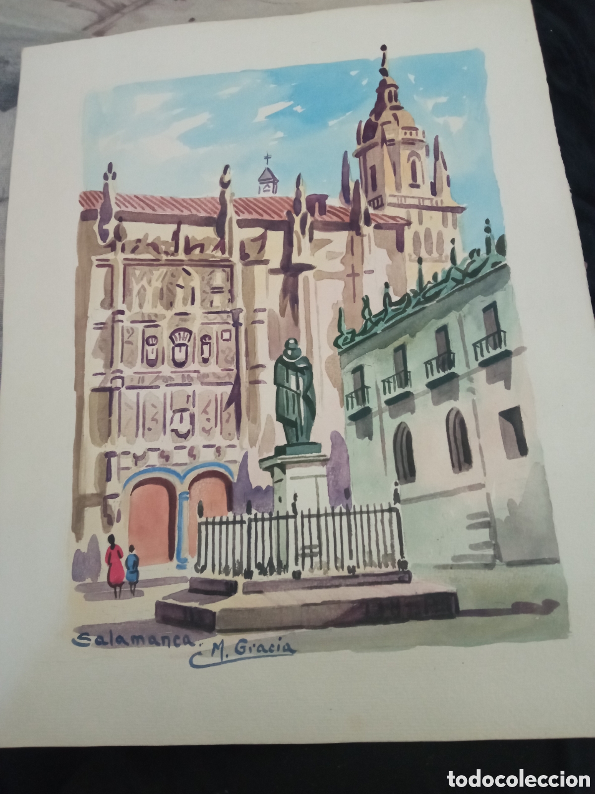 Arte: Antigua acuarela, Salamanca por M, Gracia, mide 31,7x25 cm