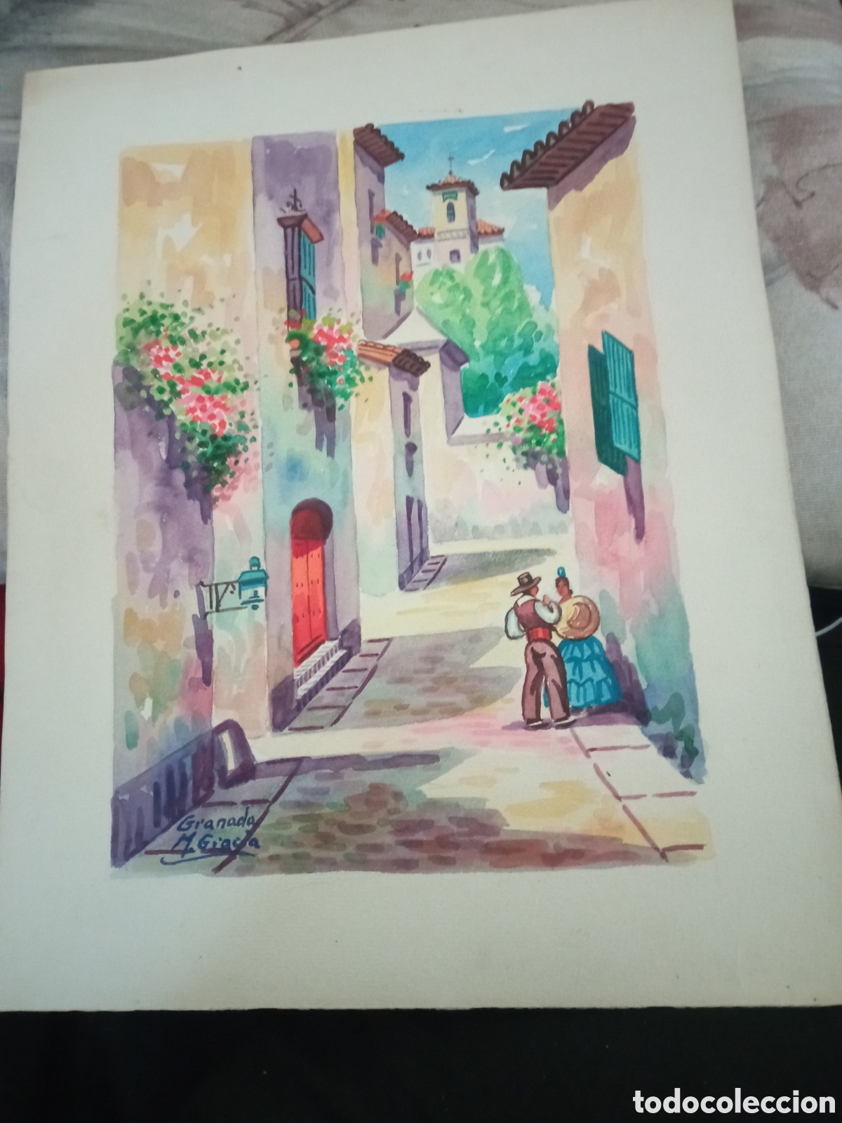Arte: Antigua acuarela, Granada, por M. GRACIA, mide 31,7x25cm