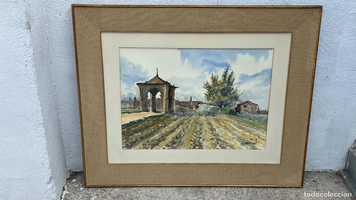 Arte: Acuarela paisaje pueblo Castilla firma Carol a&ntilde;os 60 84x104cms