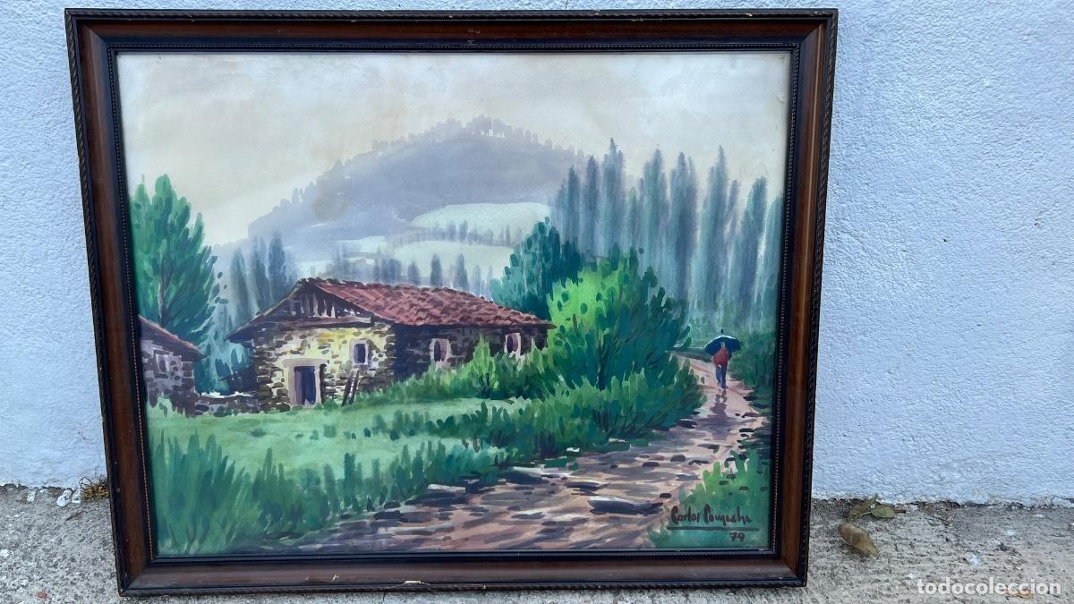 Arte: Acuarela paisaje monta&ntilde;a Pa&iacute;s Vasco Cantabria a&ntilde;os 70 1979 Carlos goyeneche 59x71cms