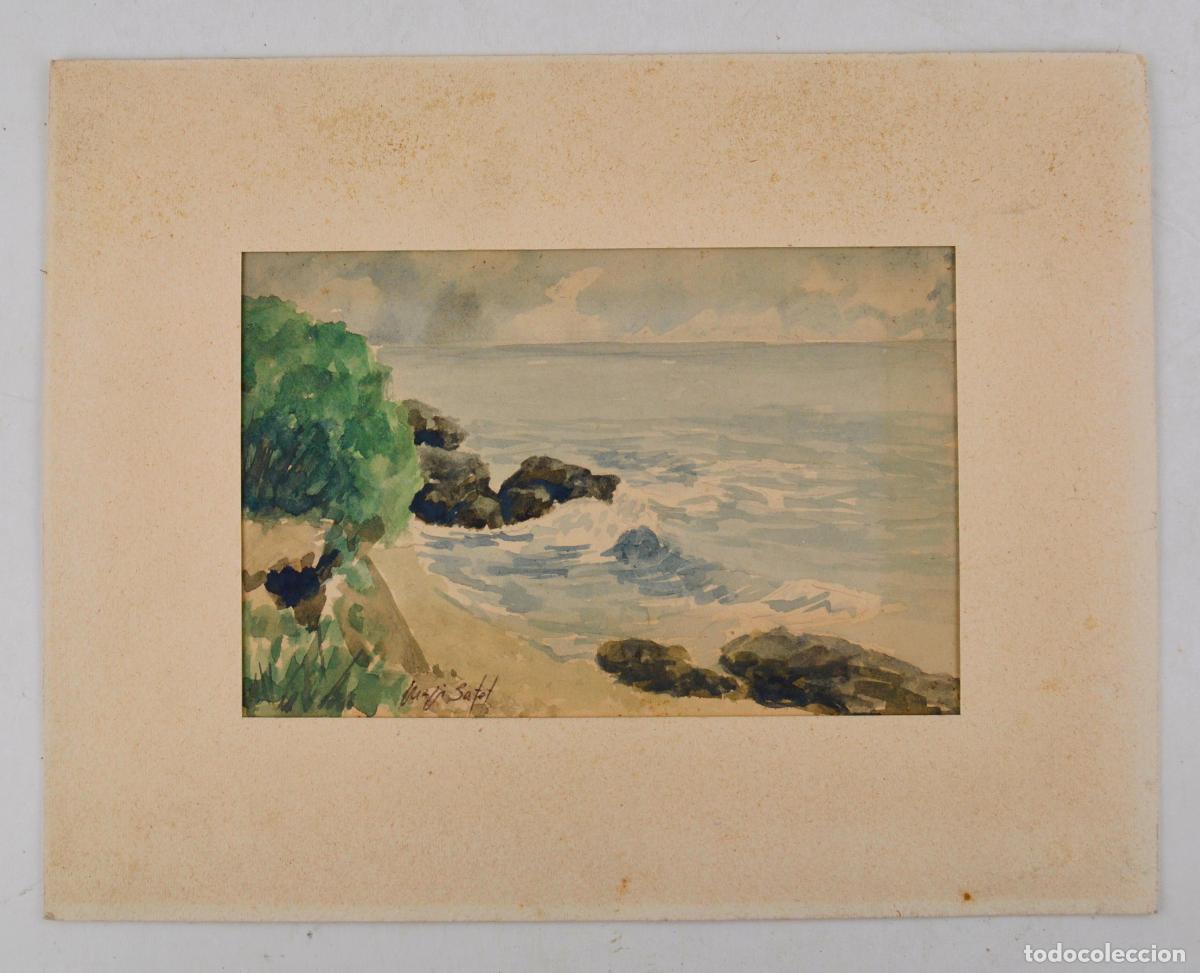 Arte: Playa con rocas y vegetaci&oacute;n, acuarela sobre papel, firma ilegible.