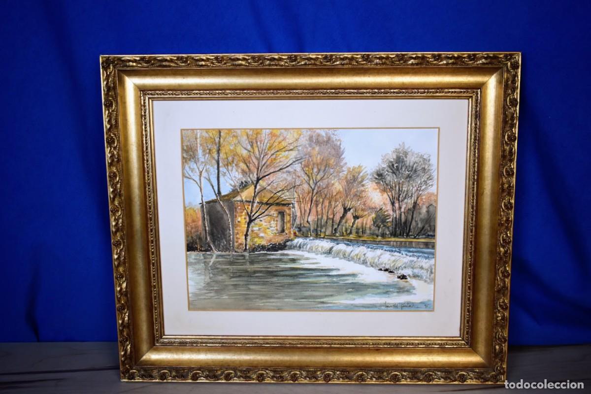 Arte: Acuarela Original - Paisaje Invernal con R&iacute;o y Casa de Campo - Elegante Marco Dorado