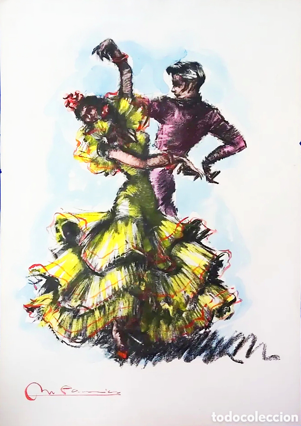 Arte: M. PAMIES BAILAORES FLAMENCO LITOGRAFIA RETOCADA Y FIRMADA A MANO