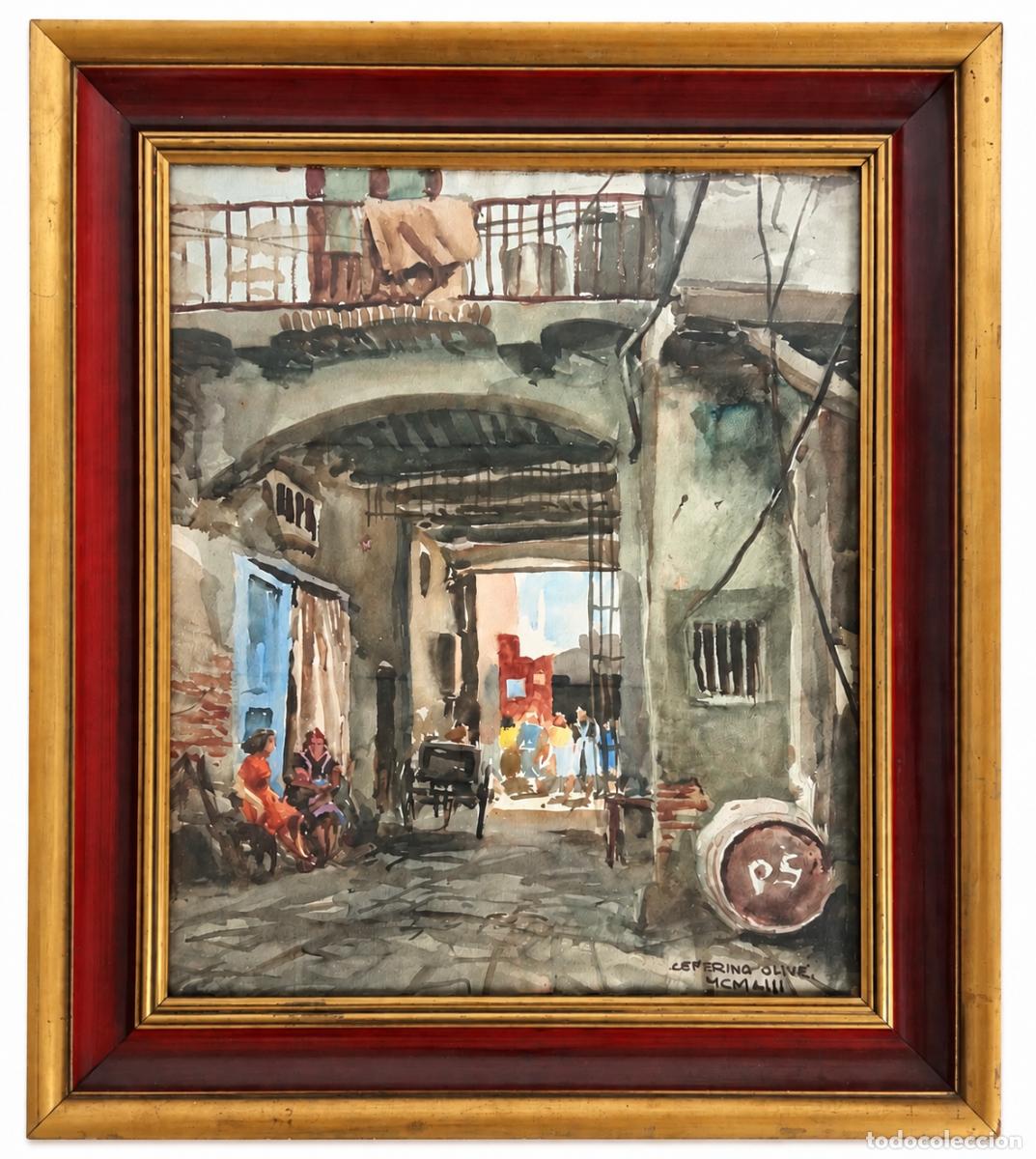 Kunst: CEFERINO OLIV&Eacute; (REUS 1907-BARCELONA 1995), ACUARELA - 1953 - CALLE CON PERSONAJES -54 X 46 CM