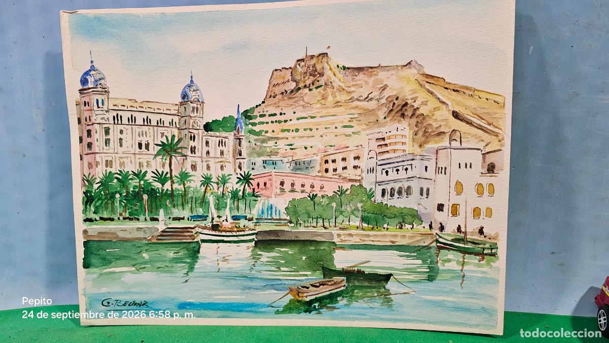 Arte: ACUARELA ORIGINAL PUERTO DE ALICANTE-PINTOR BELMAR