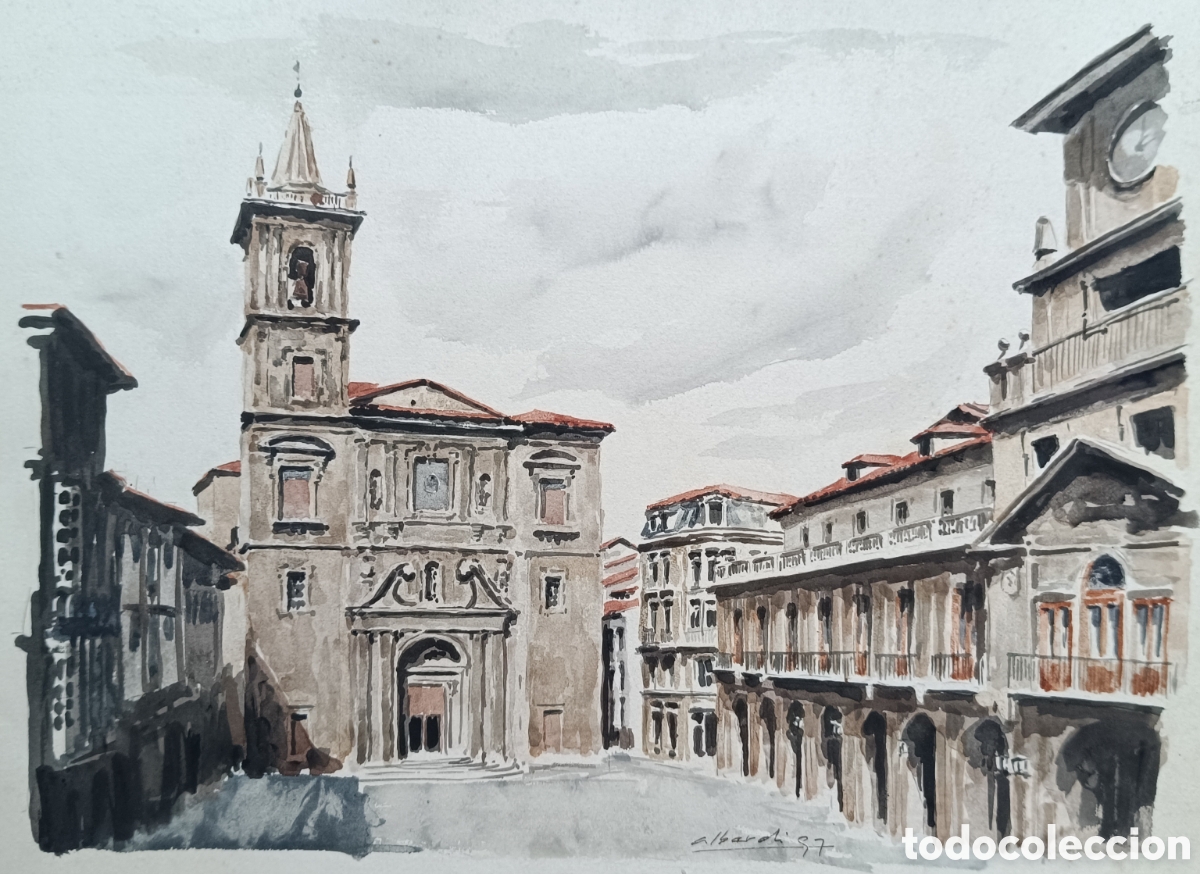 Arte: Acuarela Iglesia de San Isidoro Plaza Ayuntamiento en Oviedo por Alberdi