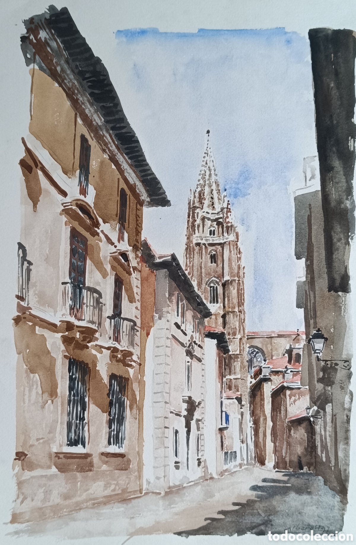 Arte: Acuarela Catedral de Oviedo desde la travesia de Santa Barbara por Alberdi