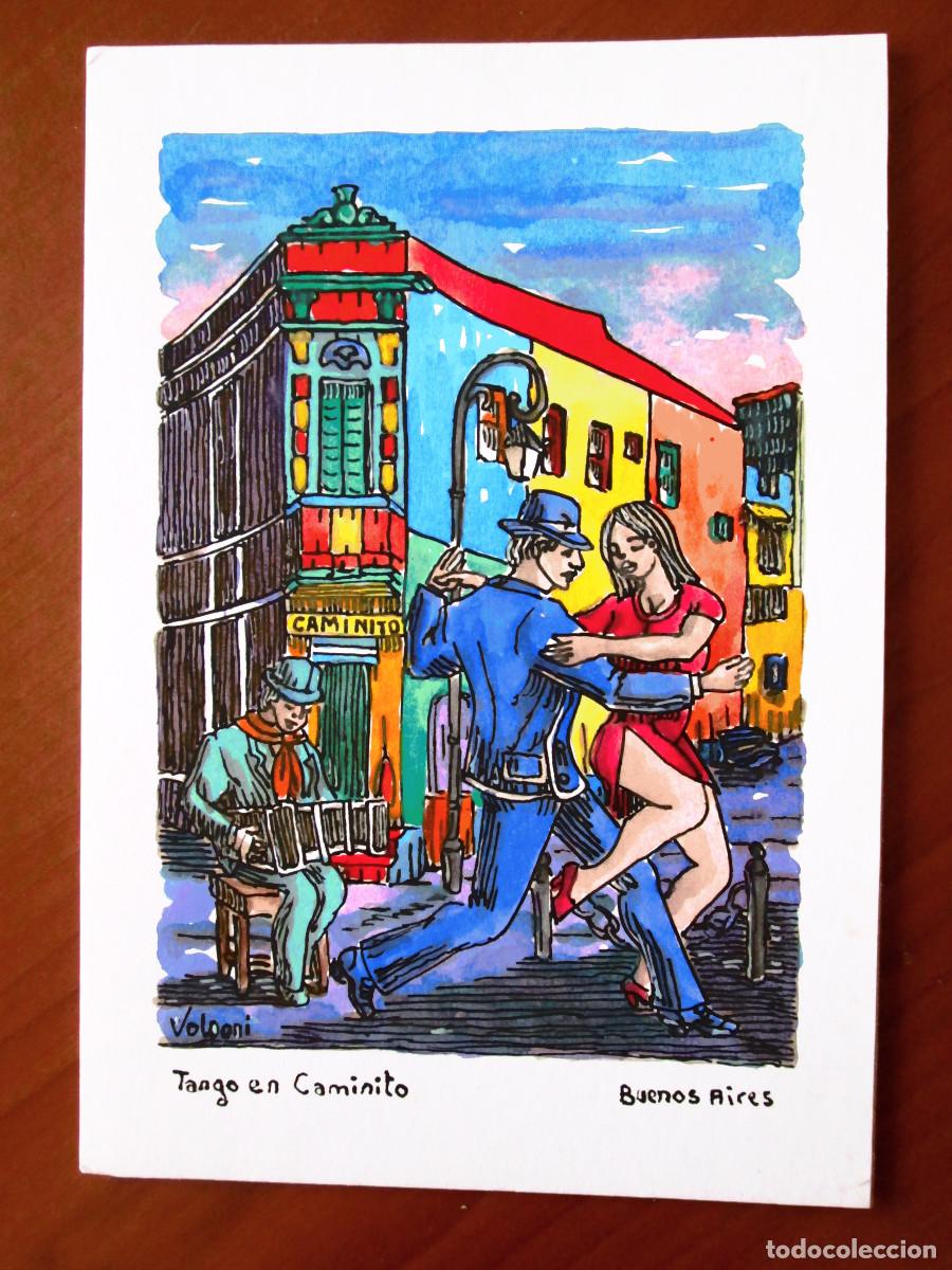 Arte: ACUARELA SOBRE CARTON - FIRMADA VOLPONI - TANGO EN CAMINITO - BUENOS AIRES 2005 - 25X17