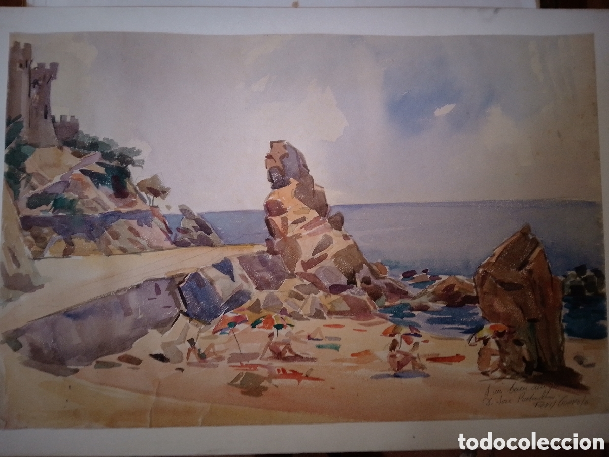 Arte: VISTA PLAYA SA CALETA LLORET DEL MAR. GUEROLA, PERIS. DEDICADO. ACUARELA. 50 x 32 cm.