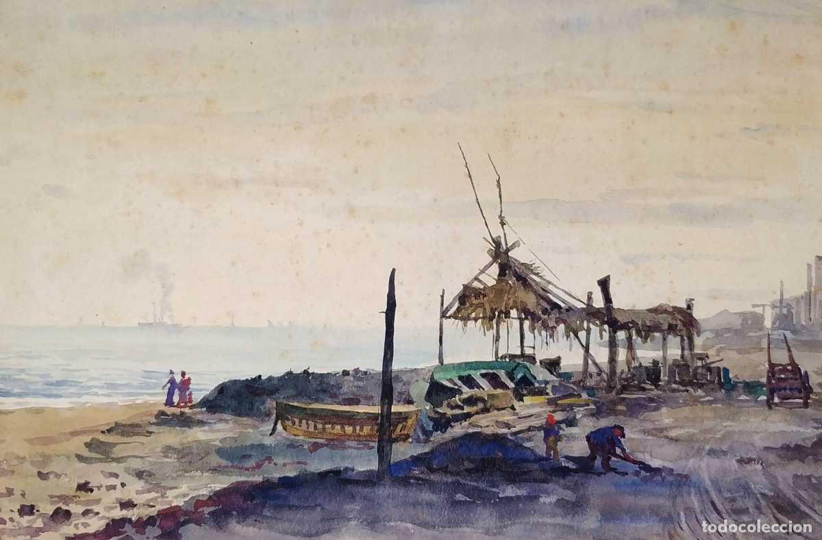 Kunst: BARCAS EN LA PLAYA. ACUARELA SOBRE PAPEL. JULI&Aacute;N DE POZO (?). ESPA&Ntilde;A. XIX-XX