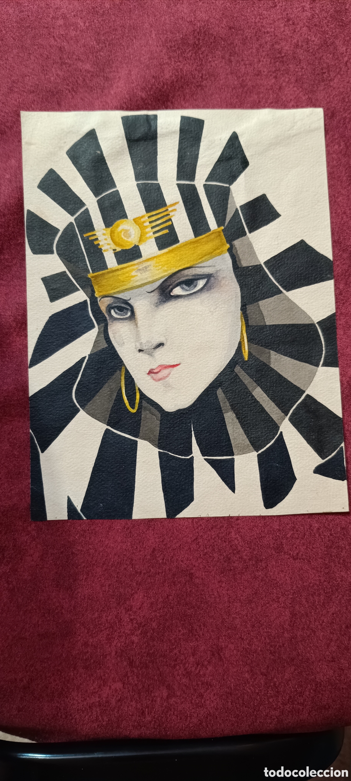 Arte: Antigua acuarela sobre papel texturizado. Reina Hatshepsut. Egipto.