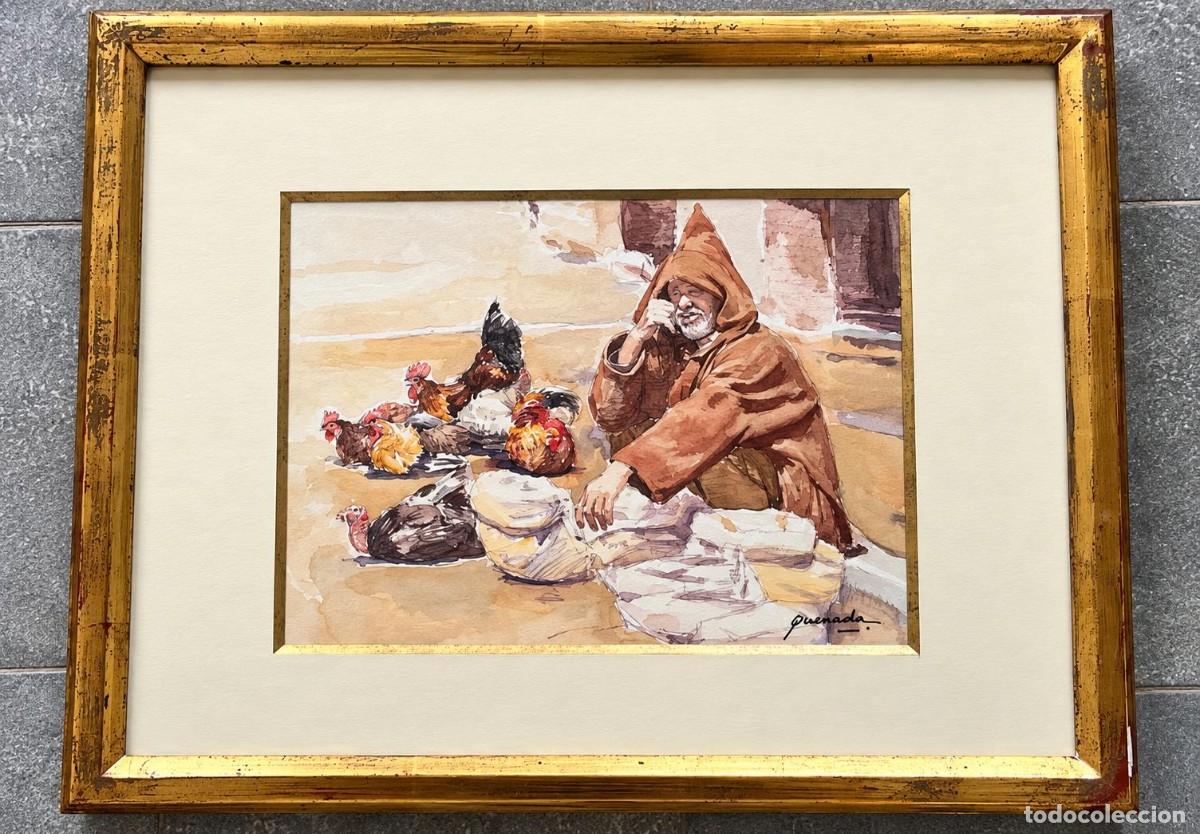 Arte: Quesada (Julio Quesada Guilabert?). Acuarela original firmada. Vendedor con chilaba y gallinas