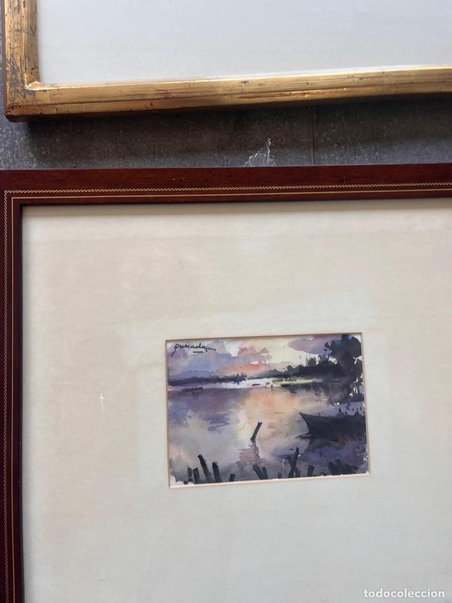 Arte: Quesada (Julio Quesada Guilabert?). Acuarela original firmada. Marjal al atardecer con barca