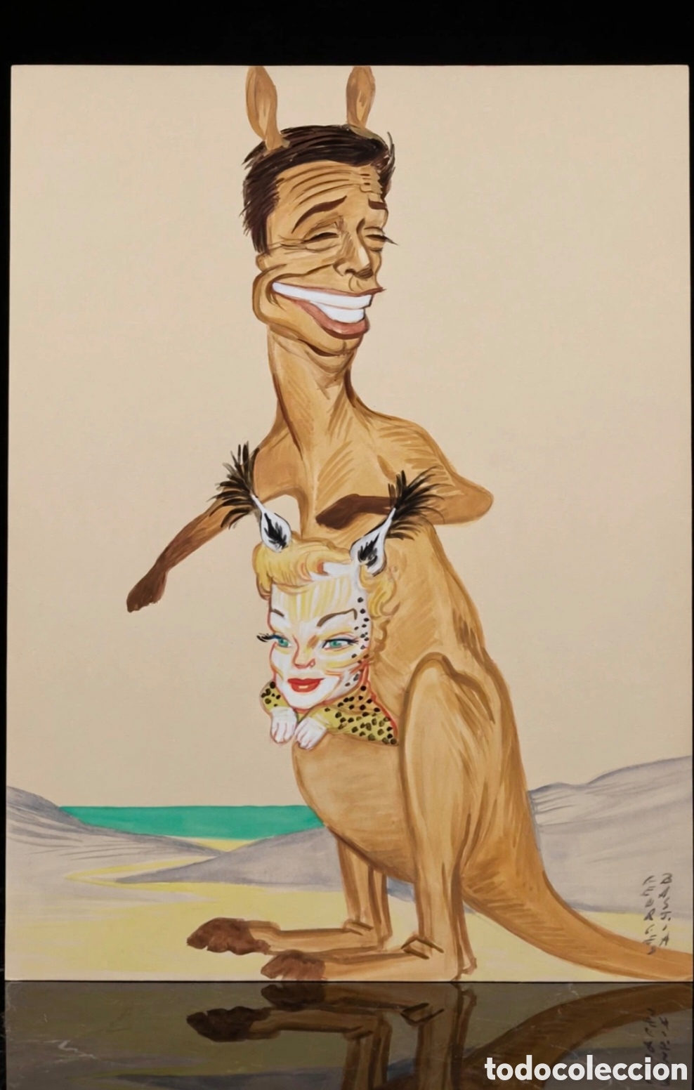 Arte: Acuarela firmada por Georges Bastia ( 1904-1980 ) caricatura de Yves Montand y Simone Signoret
