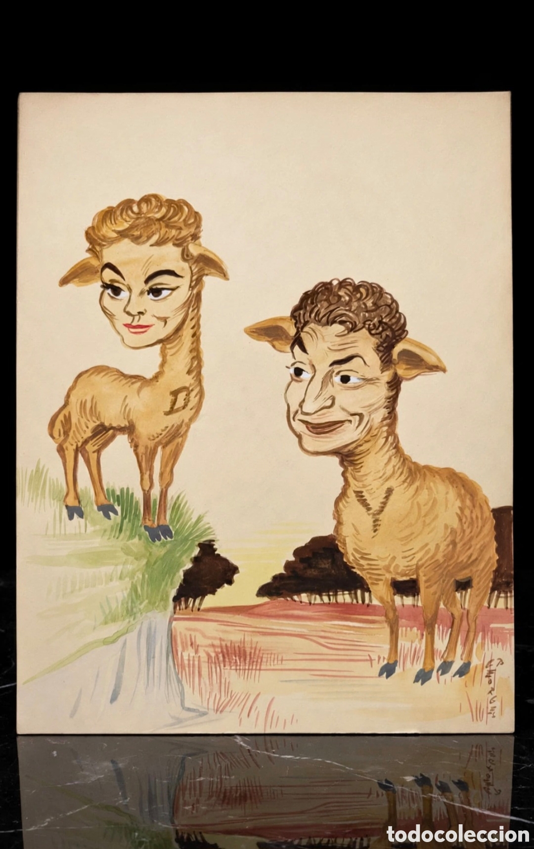 Arte: Acuarela firmada por Georges Bastia ( 1904-1980 ) caricatura de Dani&egrave;le Delorme e Yves Robert