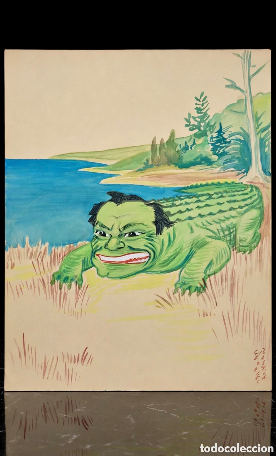 Arte: Acuarela firmada por Georges Bastia ( 1904-1980 ) caricatura de Eddie Constantine