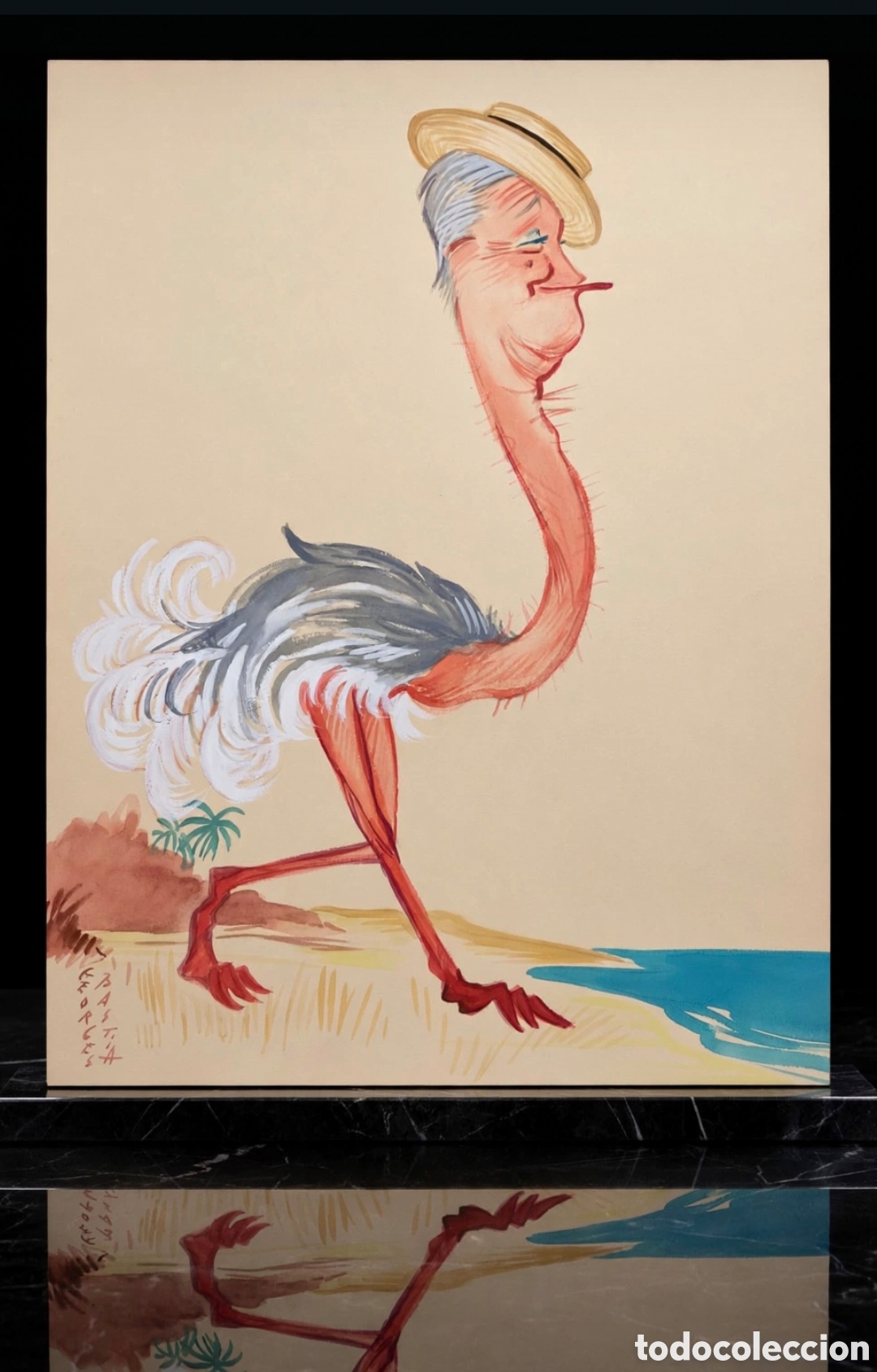 Arte: Acuarela firmada por Georges Bastia ( 1904-1980 ) caricatura de Maurice Chevalier