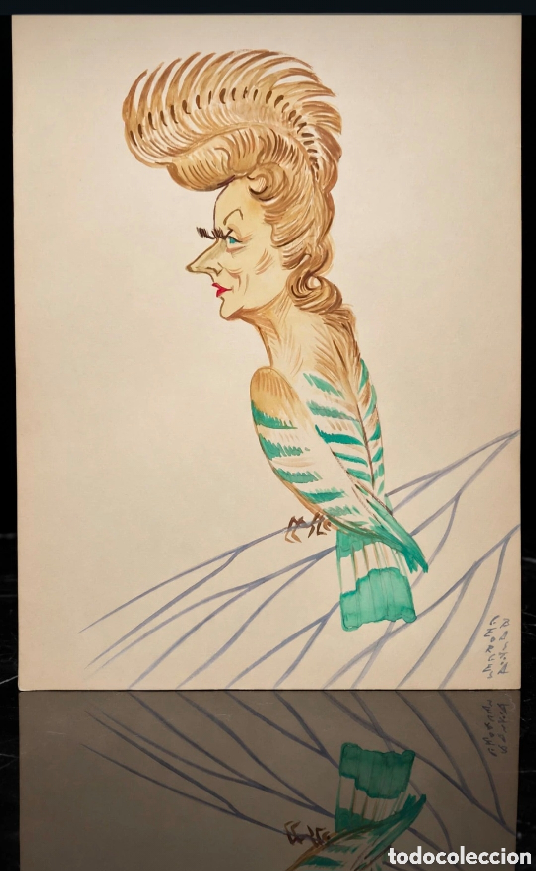 Arte: Acuarela firmada por Georges Bastia ( 1904-1980 ) caricatura de Valentine Teissier