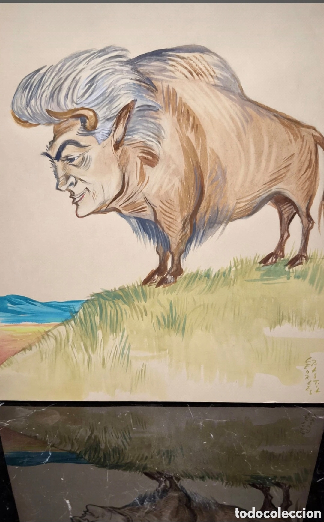 Arte: Acuarela firmada por Georges Bastia ( 1904-1980 ) caricatura de Sacha Guitry