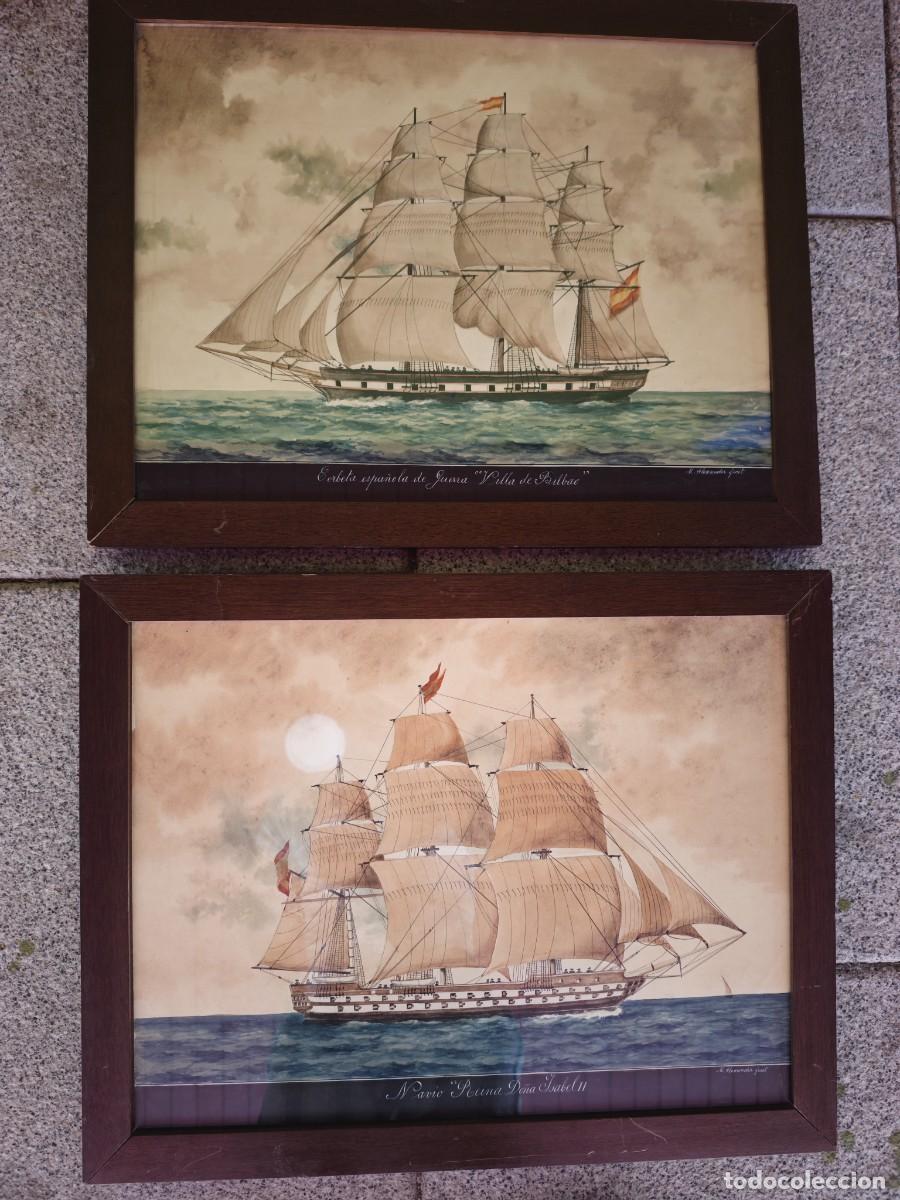 Arte: Pareja de Acuarelas Originales (c. 1900) - Corbeta &rdquo;Villa de Bilbao&rdquo; y Nav&iacute;o &rdquo;Reina Do&ntilde;a Isabel II&rdquo;