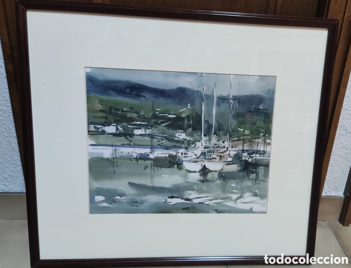 Arte: Acuarela original JOSEP MART&Iacute;NEZ LOZANO &ndash; Puerto con veleros, Llan&ccedil;&agrave; &ndash; 1989 &ndash; Enmarcada