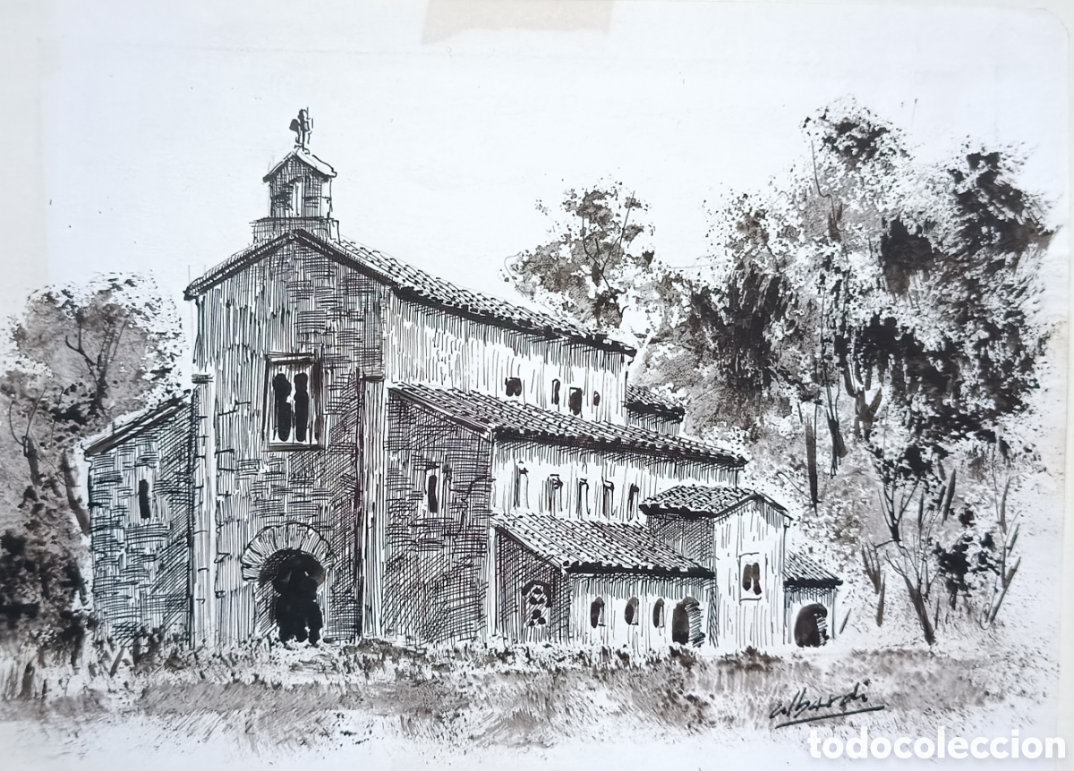 Arte: Dibujo a plumilla de San Salvador de Valdedios en Villaviciosa por Alberdi