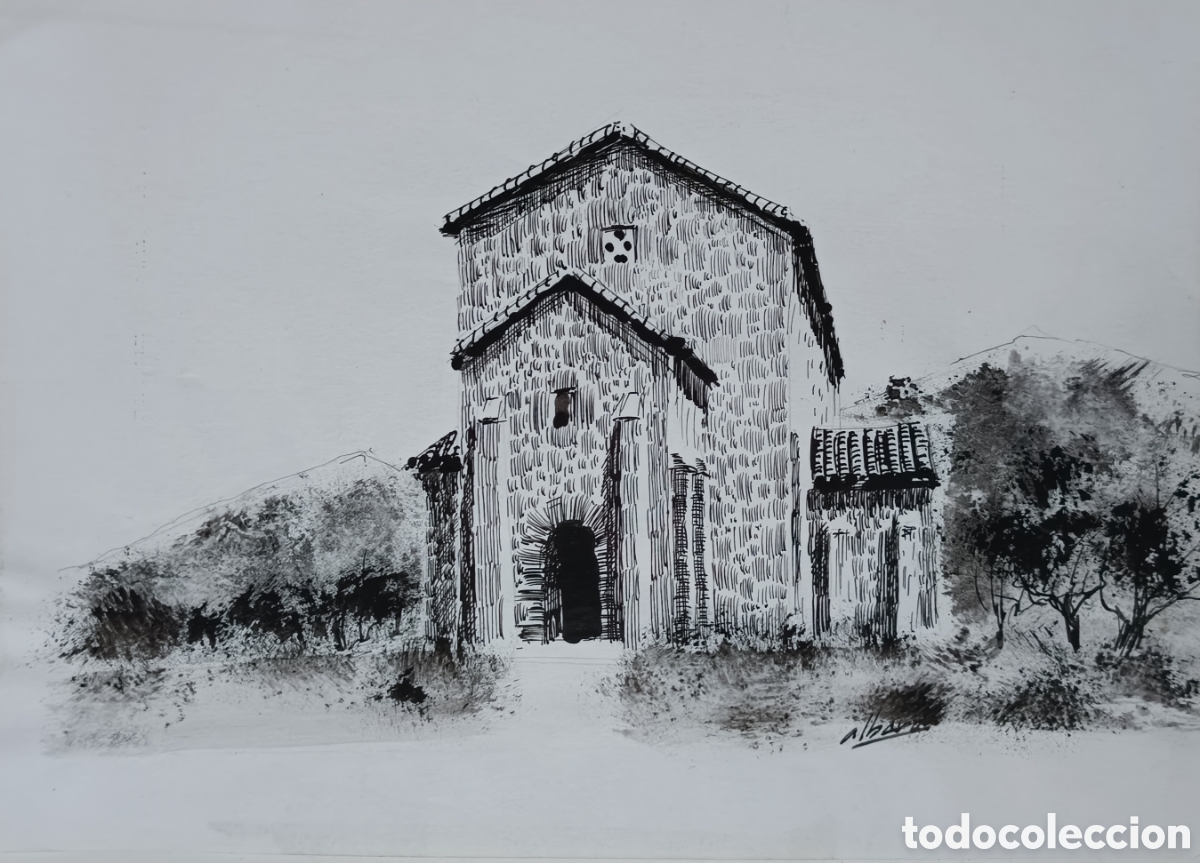 Art: Dibujo a plumilla de Santa Cristina de Lena por Alberdi