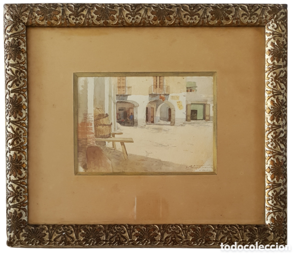 Arte: F&eacute;lix Mestres Borrell (Barcelona, 1872- 1933) - Plaza de pueblo con Porches.Firmado.1896.
