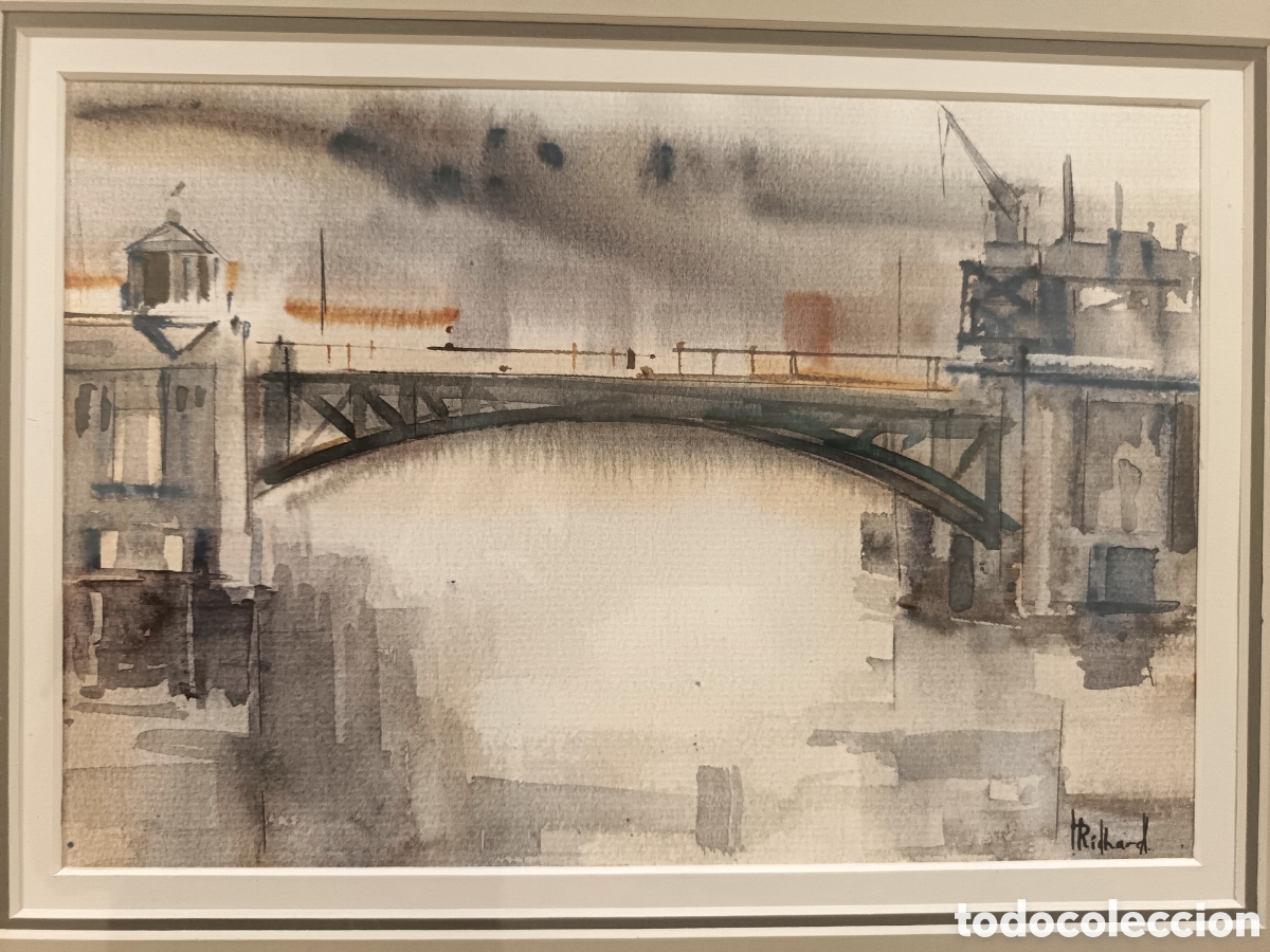 Arte: Acuarelas de Bilbao (Puente de Deusto y Kiosko del Arenal) firmadas por Richard