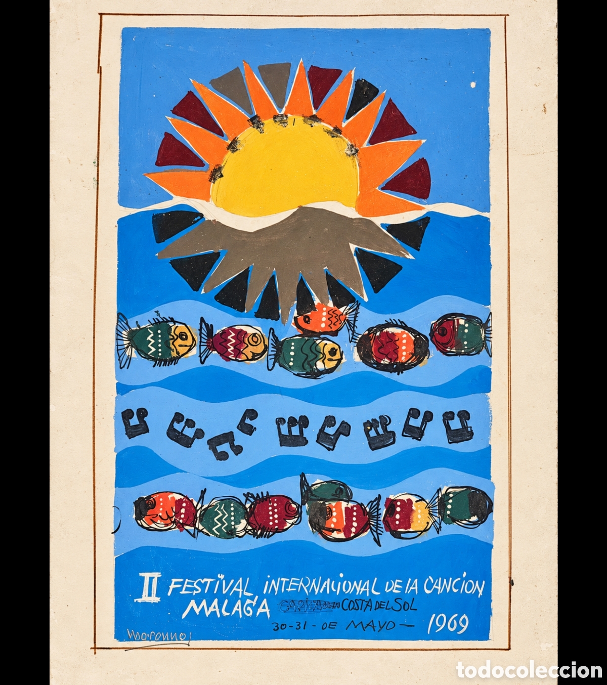 Arte: Morenno, precioso boceto original festival internacional de la canci&oacute;n de M&aacute;laga a&ntilde;os 60.