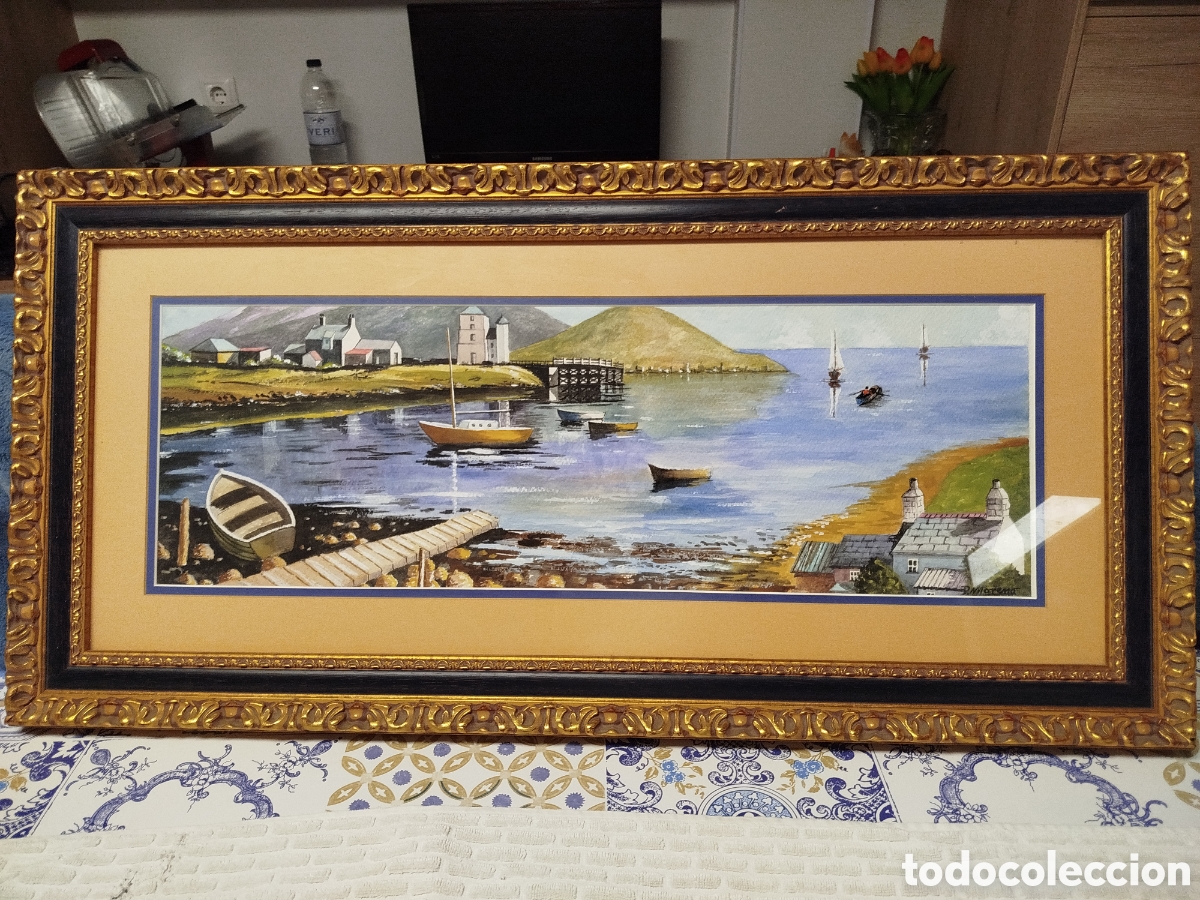 Arte: Cuadro enmarcado con acuarela de marina, de P.Moreno, firmada por el autor.