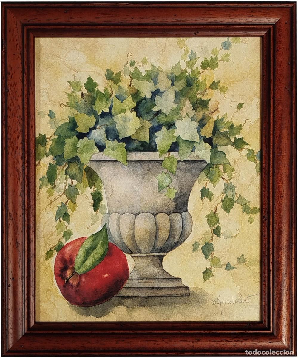 Arte: CUADRO LAMINA IMPRESA AGUADA DE COPA DECORADA CON HOJAS Y MANZANA