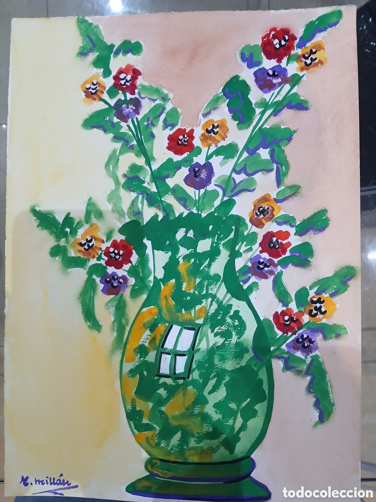 Arte: Dibujo acurela flores firmado millan