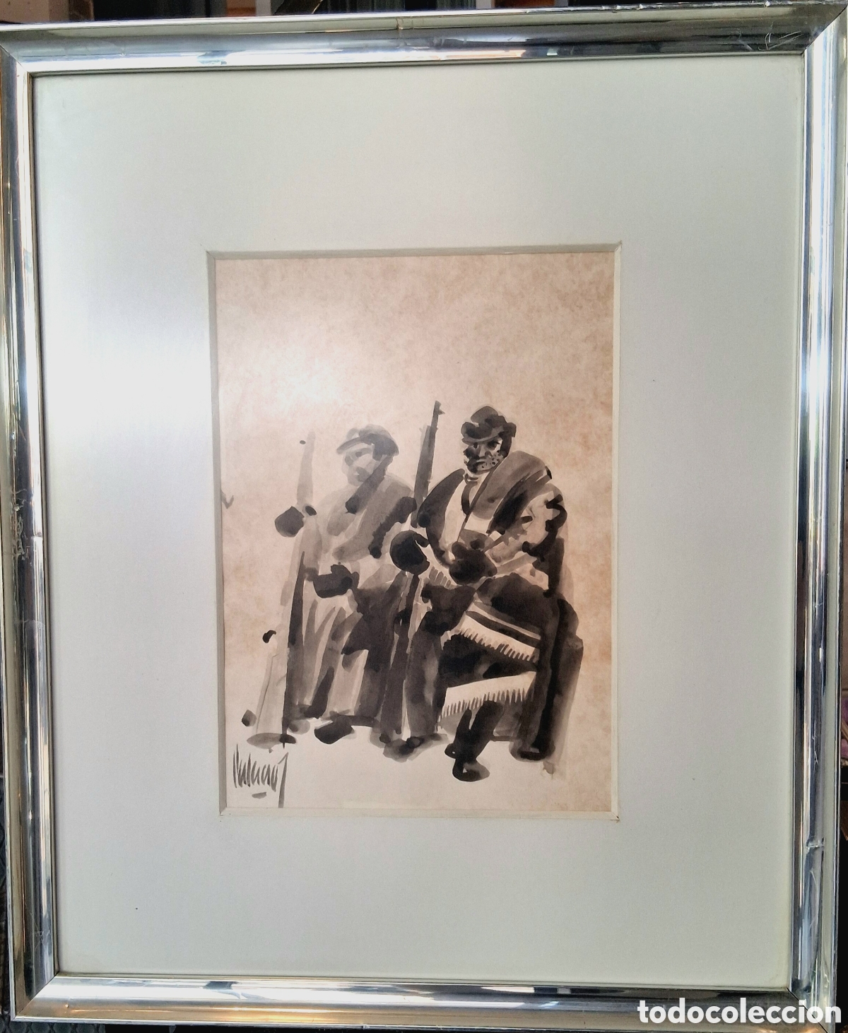 Arte: ESTAMPA POPULAR MADRID Pascual Palacios Tardez (1920-1994) &rdquo;Milicianos&rdquo; aguada (31 x 22)